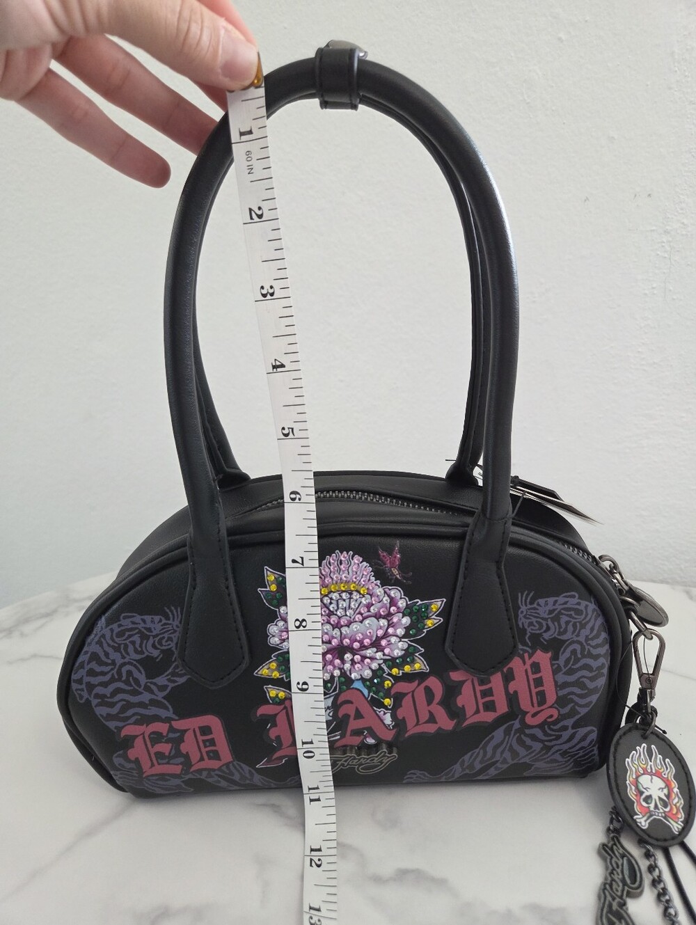 Ed Hardy Tiger Rose Tattoo Black Vegan Leather Barrel Bag NWT Charms Edgy - Picture 14 of 16